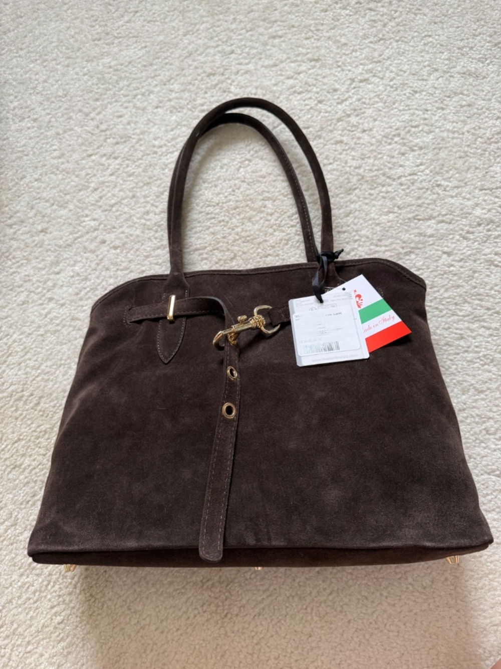 NWT Marlon Brown Suede Tote Bag with Gold Hardware
